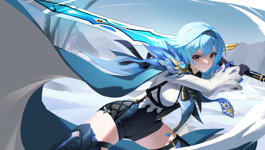 1girl, absurdres, bare_tree, black_gloves, black_hairband, black_legwear, black_shorts, blue_hair