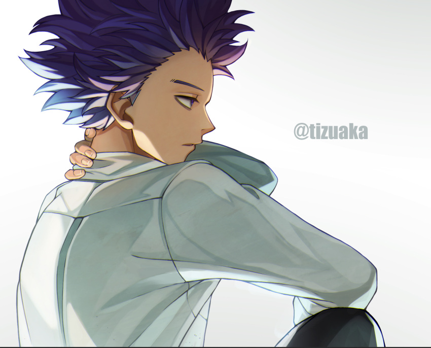 1boy, artist_name, bangs, boku_no_hero_academia, earrings, from_side, grey_background, hand_on_own_neck