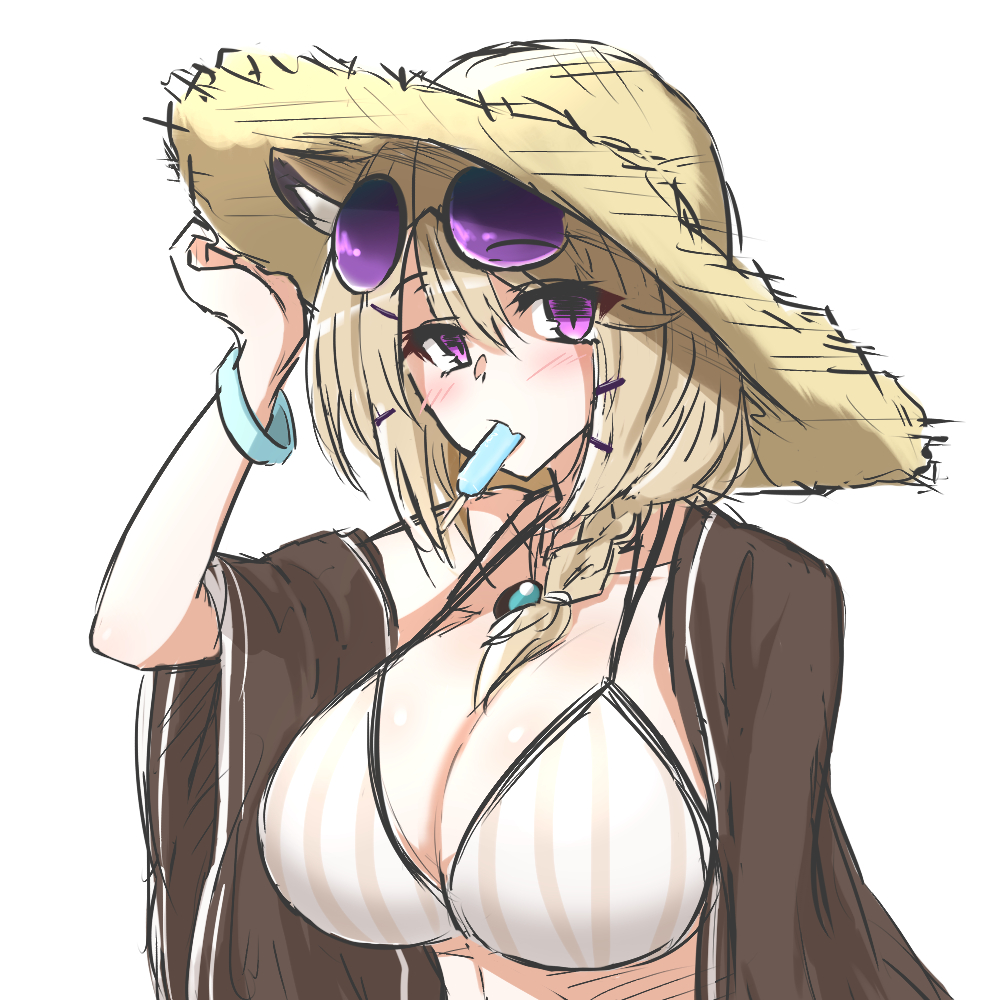 1girl, adjusting_clothes, adjusting_headwear, animal_ear_fluff, animal_ears, arknights, bare_shoulders, between_breasts
