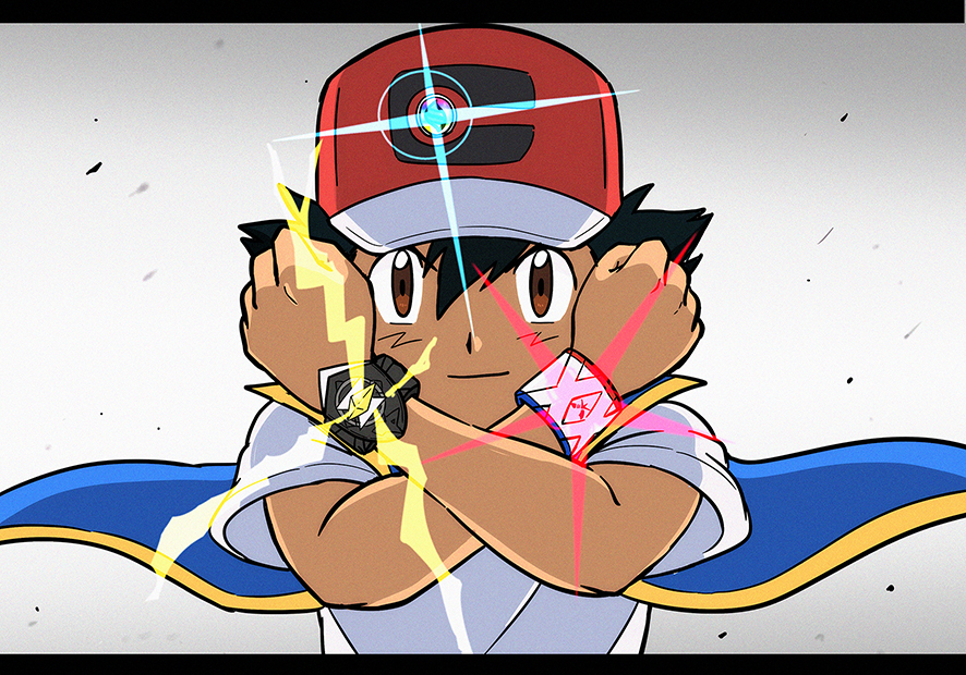 1boy, ash_ketchum, bangs, baseball_cap, black_hair, blue_jacket, brown_eyes, clenched_hands