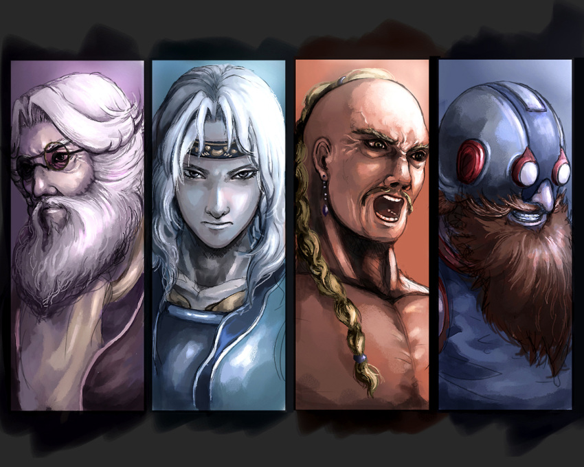 4boys, armor, beard, blonde_hair, braid, cecil_harvey, cid_pollendina, earrings