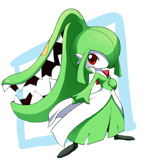 fusion, gardevoir, hand_on_own_chest, mawile, mouth, no_humans, oversize_forearms, pokemon