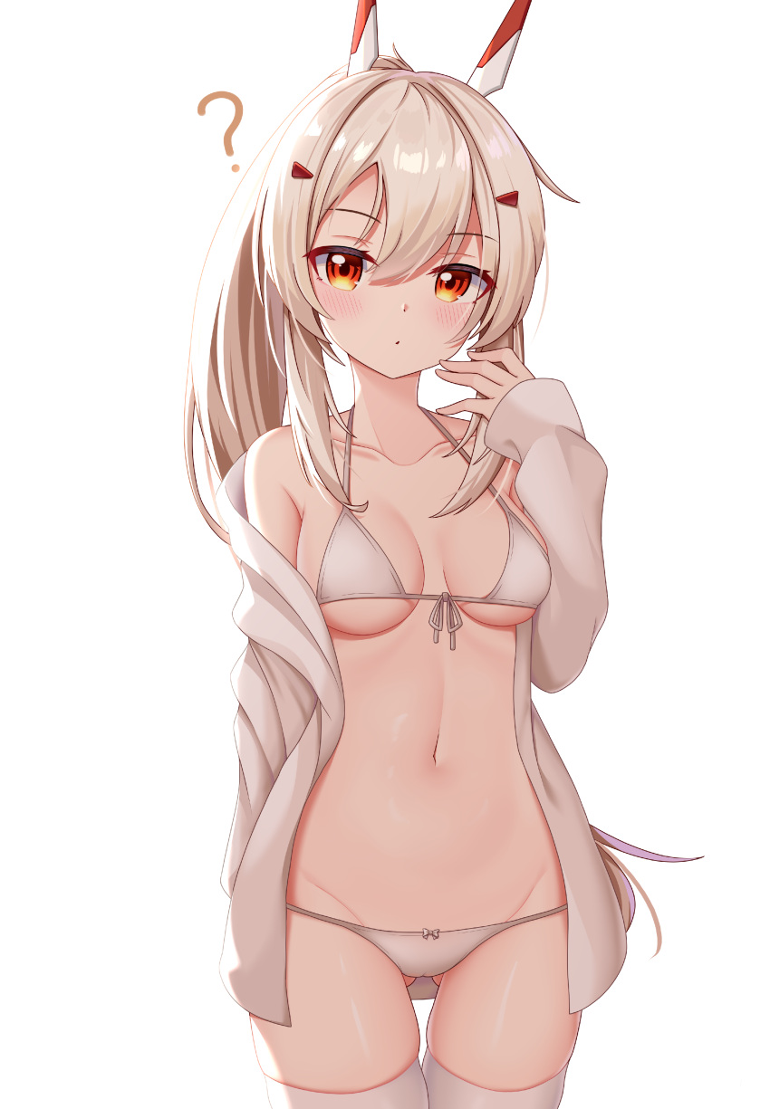 1girl, ?, absurdres, ass_visible_through_thighs, ayanami_(azur_lane), azur_lane, baiyin_(sif123456), bare_shoulders, bikini, blonde_hair, breasts, cowboy_shot, front-tie_bikini, front-tie_top, groin, hair_ornament, halterneck, hand_up, highres, jacket, long_hair, long_sleeves, looking_at_viewer, mechanical_ears, medium_breasts, navel, off_shoulder, open_clothes, open_jacket, ponytail, red_eyes, simple_background, solo, stomach, string_bikini, swimsuit, thigh-highs, thighs, very_long_hair, white_background, white_bikini, white_jacket, white_legwear