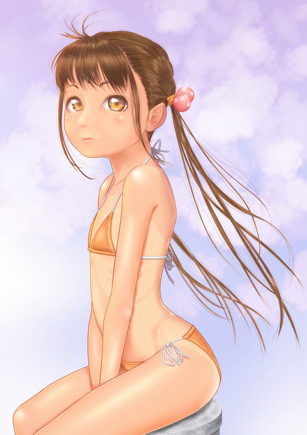 1girl, between_legs, bikini, brown_eyes, brown_hair, commentary_request, flat_chest, from_side