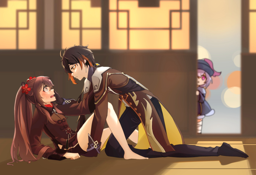 1boy, 26th, 2girls, :o, :|, bandaged_leg, bandages, bangs, barefoot, beads, black_footwear, black_gloves, black_hair, black_shorts, blank_eyes, blurry, blurry_background, blush, breasts, brooch, brown_hair, closed_mouth, coat, coattails, collared_coat, collared_shirt, colored_tips, crawling, door, earrings, embarrassed, eyebrows_visible_through_hair, eyeliner, eyeshadow, feet_out_of_frame, flower, flower-shaped_pupils, formal, full_body, genshin_impact, gloves, gradient_hair, hair_between_eyes, hair_flower, hair_ornament, hair_tie, hand_on_another's_cheek, hand_on_another's_face, hand_up, hat, hetero, hu_tao_(genshin_impact), indoors, jacket, jewelry, jiangshi, leaning_back, light, long_hair, long_pants, long_sleeves, lower_teeth, makeup, multicolored_hair, multiple_girls, open_mouth, orange_hair, outstretched_arm, pants, peeping, ponytail, purple_hair, purple_headwear, qing_guanmao, qiqi_(genshin_impact), red_eyes, red_eyeshadow, red_shirt, shirt, shorts, single_earring, sitting, small_breasts, star-shaped_pupils, star_(symbol), suit, surprised, sweatdrop, symbol-shaped_pupils, tailcoat, tassel, tassel_earrings, twintails, upper_teeth, vest, violet_eyes, wide-eyed, yellow_eyes, zhongli_(genshin_impact)