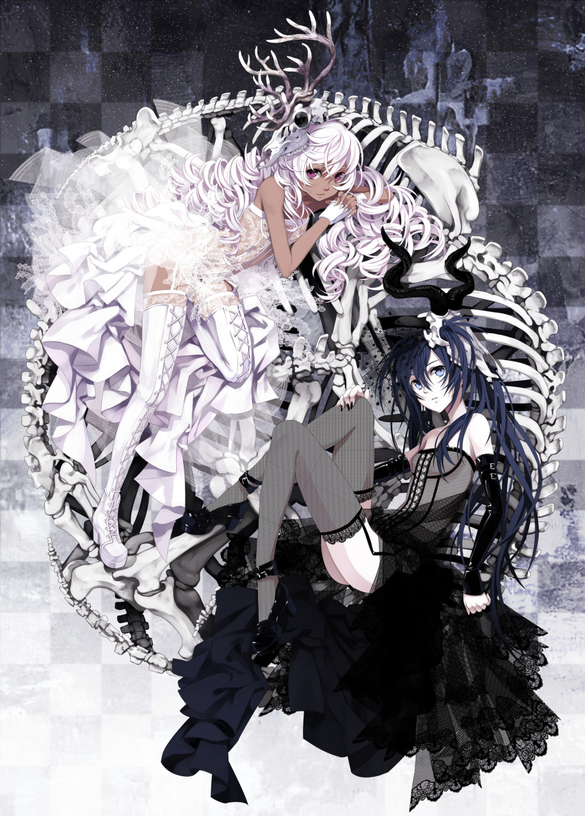 absurdres, antlers, black_vs_white, blue_eyes, blue_hair, bone, boots, dark_skin, dress, flat_chest, garter_belt, garter_straps, highres, horns, legs, long_hair, multiple_girls, nail_polish, original, osamu_(jagabata), pink_eyes, pink_hair, red_eyes, short_hair, skeleton, thigh-highs, thigh_boots, thighhighs, white_hair