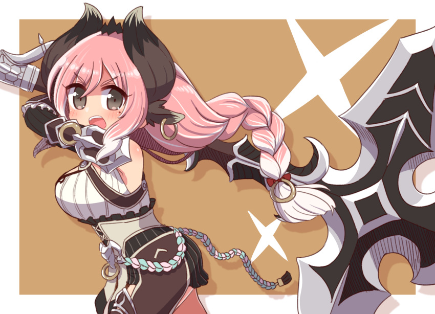 1girl, animal_ears, bangs, bare_shoulders, black_skirt, blush, braid, breasts, brown_background, brown_eyes, commentary_request, ear_piercing, eyebrows_visible_through_hair, hair_between_eyes, highres, holding, holding_weapon, horns, medium_breasts, mole, mole_under_eye, multicolored_hair, naga_u, open_mouth, piercing, pink_hair, raging_bull_(ys), shirt, single_braid, skirt, sleeveless, sleeveless_shirt, solo, two-tone_background, two-tone_hair, upper_teeth, v-shaped_eyebrows, weapon, white_background, white_hair, white_shirt, ys, ys_ix_monstrum_nox