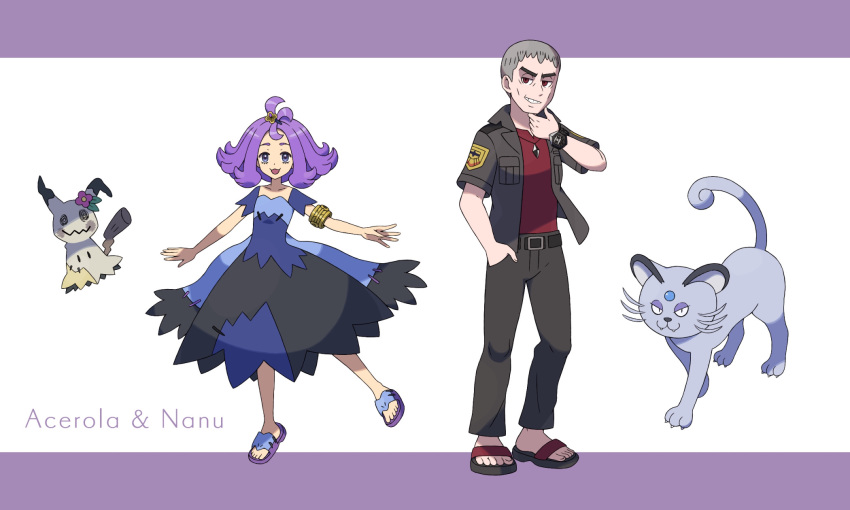 1boy, 1girl, acerola_(pokemon), alolan_form, alolan_persian, armlet, bangs, banned_artist, blue_dress, commentary_request, dress, flip-flops, flipped_hair, grey_dress, grey_eyes, grey_hair, hair_ornament, hairclip, hand_up, highres, jacket, looking_at_viewer, medium_hair, mimikyu, multicolored, multicolored_clothes, multicolored_dress, nanu_(pokemon), nin_(female), open_clothes, open_jacket, pants, parted_lips, pokemon, pokemon_(anime), pokemon_(creature), pokemon_sm_(anime), purple_hair, red_eyes, red_shirt, sandals, shirt, short_sleeves, smile, smirk, standing, stitches, topknot, torn_clothes, torn_dress, z-ring