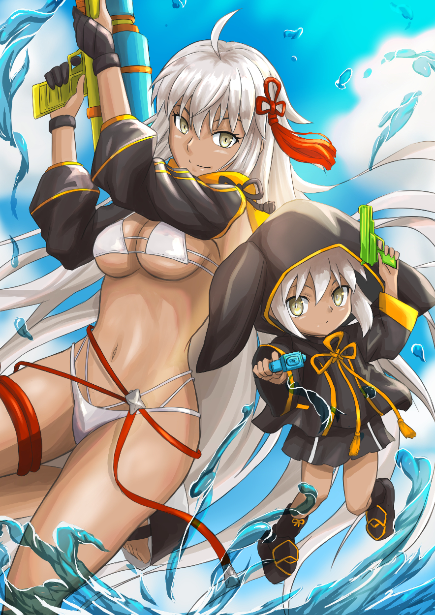 2girls, ahoge, bangs, bikini, black_jacket, blue_sky, breasts, cropped_jacket