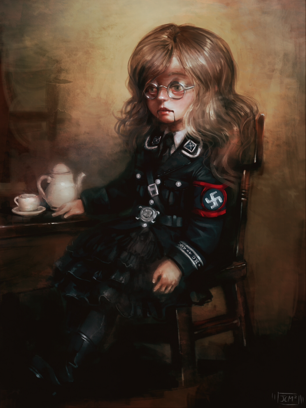 1girl, artist_name, belt, belt_buckle, black_footwear, black_jacket, black_skirt, blonde_hair