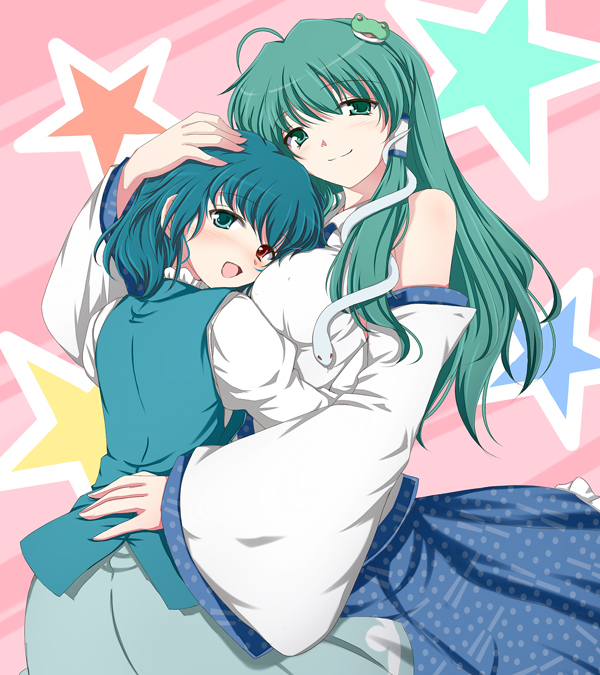 2girls, green_hair, heterochromia, hug, kochiya_sanae, meso_(gjmeso), tatara_kogasa, touhou