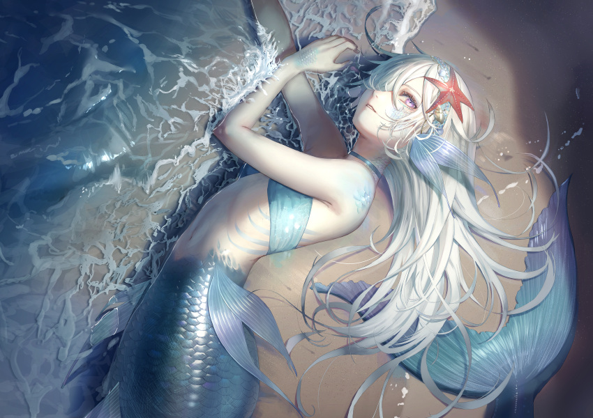 1girl, absurdres, arms_up, bangs, bare_arms, beach, blue_choker, blue_hairband