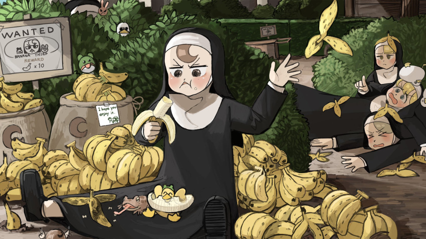 >_<, 5girls, @_@, ^_^, animal, animal_on_back, animal_on_head, banana