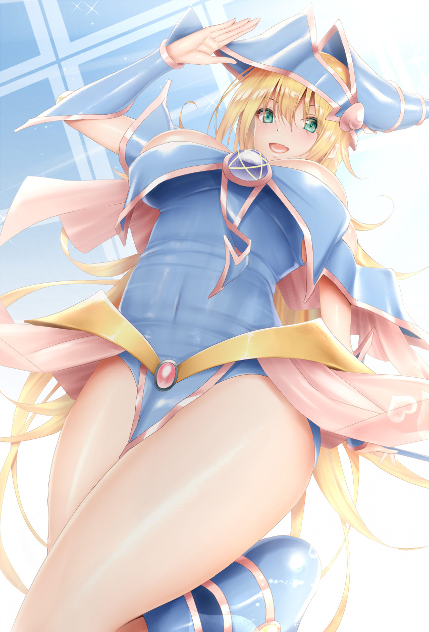 1girl, absurdres, bare_shoulders, blonde_hair, blue_background, blue_dress, blue_footwear, blue_headwear