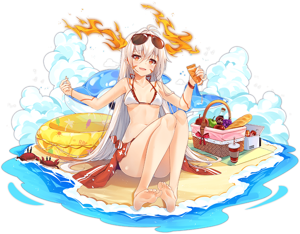 1girl, antenna_hair, apple, ark_order, baguette, bangs, barefoot, beach