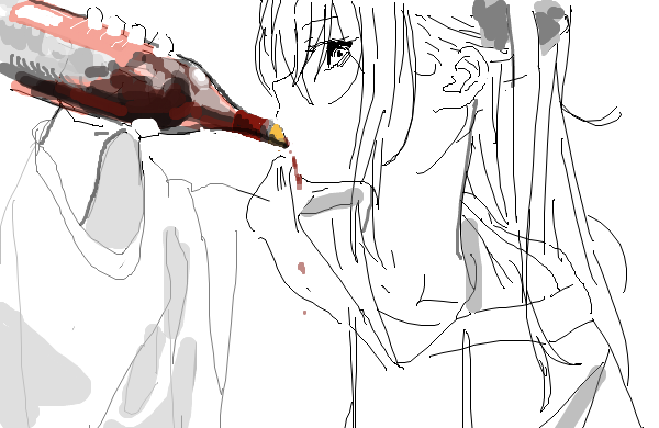 1girl, alcohol, arm_up, bangs, beer, beer_bottle, borrowed_character, bottle