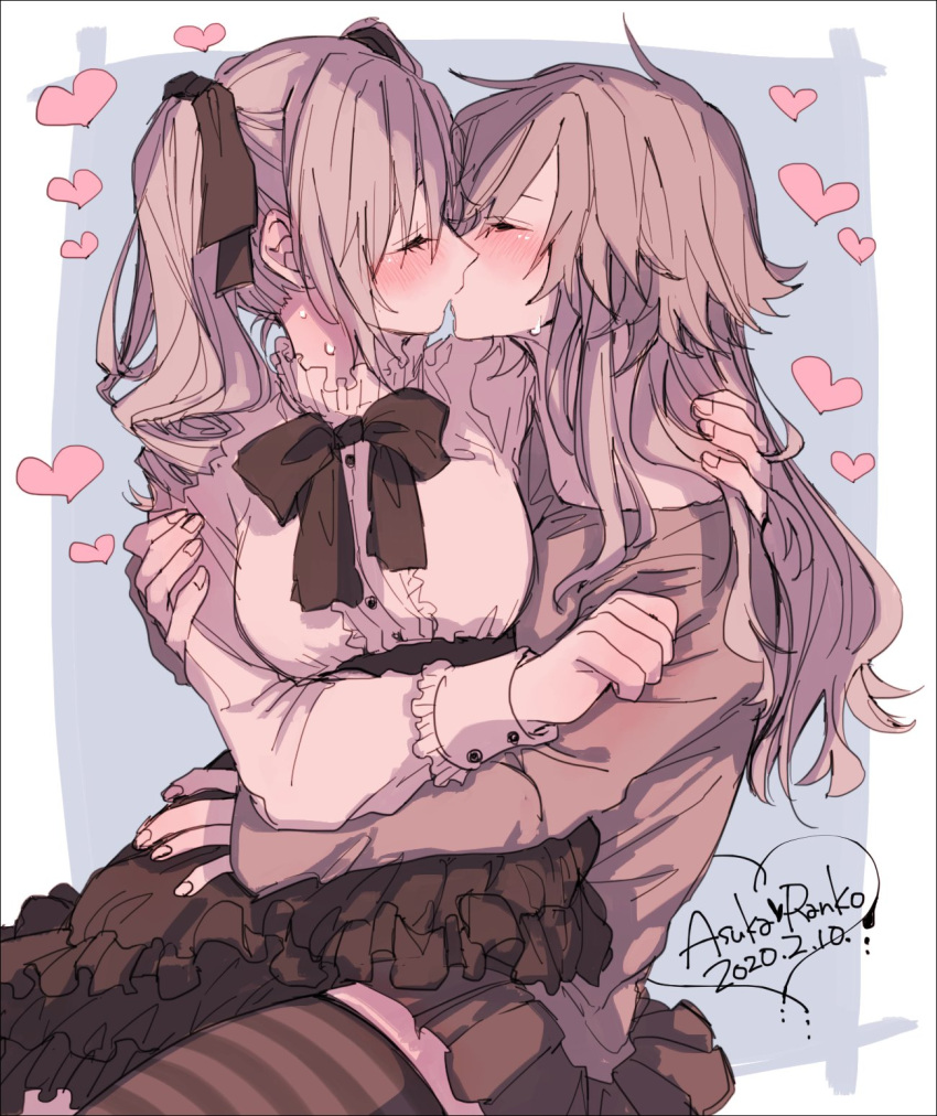 2girls, amane_(7783), arm_around_shoulder, blush, closed_eyes, clothes_grab, commentary_request, dated