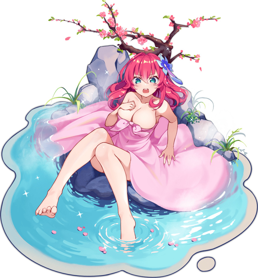 1girl, aqua_eyes, ark_order, artist_request, bangs, bare_legs, bare_shoulders, blue_flower