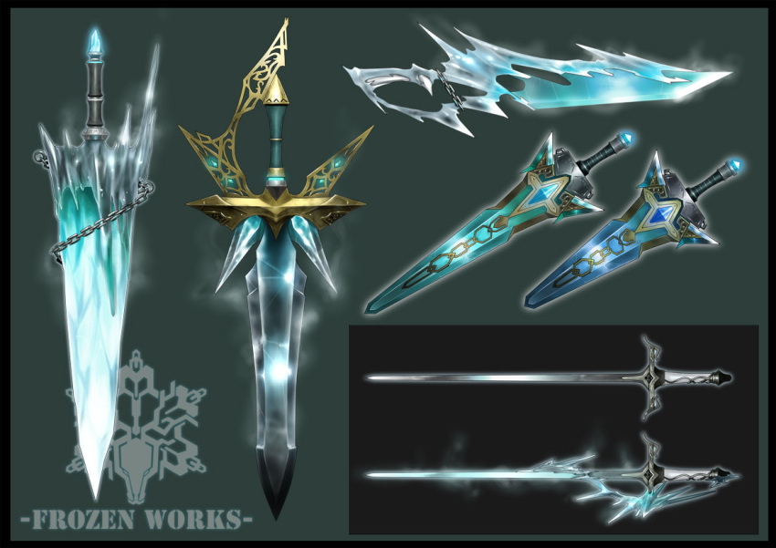 chain, commentary_request, english_commentary, english_text, fantasy, greatsword, green_background, harunori_oogami