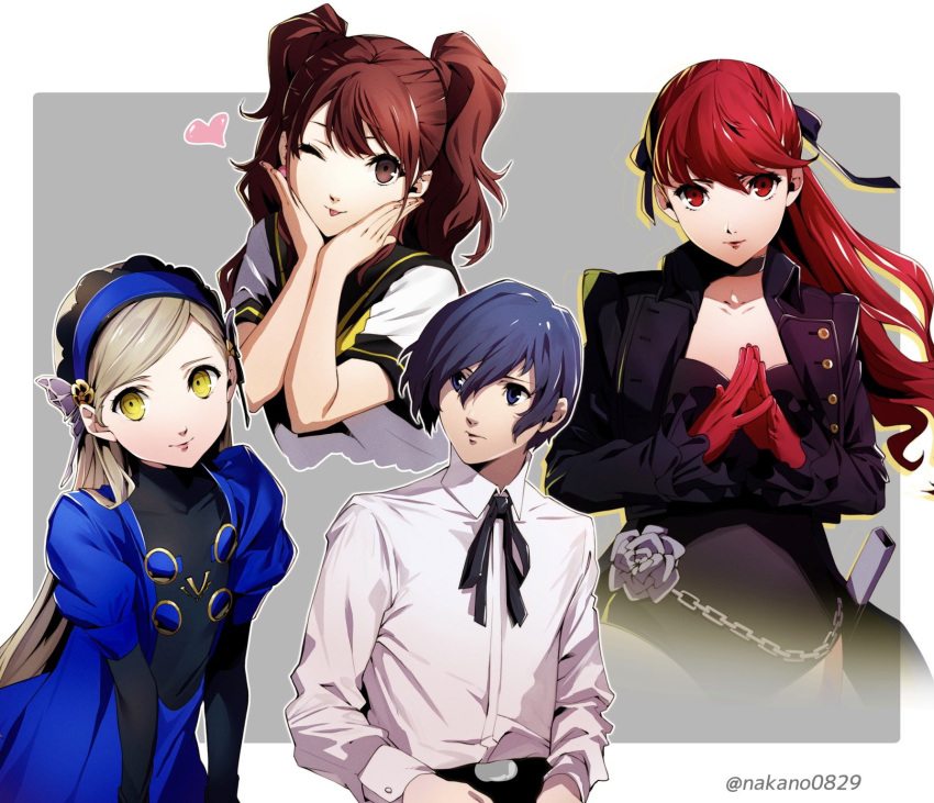 1boy, 3girls, bangs, belt, black_belt, black_gloves, black_jacket, black_leotard, black_neckwear, black_ribbon, blonde_hair, blue_dress, blue_eyes, blue_hair, blue_headband, brown_eyes, brown_hair, butterfly_hair_ornament, chain, closed_mouth, collared_shirt, commentary_request, dress, earrings, elbow_gloves, fingernails, frilled_sleeves, frills, gloves, hair_between_eyes, hair_ornament, hair_ribbon, hands_on_own_face, hands_together, headband, heart, highres, jacket, jewelry, kujikawa_rise, lavenza_(persona_5), leotard, leotard_under_clothes, lips, long_hair, long_sleeves, looking_at_viewer, looking_away, looking_to_the_side, multiple_girls, nakano_maru, neck_ribbon, one_eye_closed, open_clothes, open_jacket, persona, persona_3, persona_4, persona_5, persona_5_the_royal, pink_lips, ponytail, puffy_short_sleeves, puffy_sleeves, red_eyes, red_gloves, redhead, ribbon, school_uniform, shirt, short_hair, short_sleeves, smile, tongue, tongue_out, twintails, twitter_username, uniform, upper_body, white_shirt, yasogami_school_uniform, yellow_eyes, yoshizawa_kasumi, yuuki_makoto