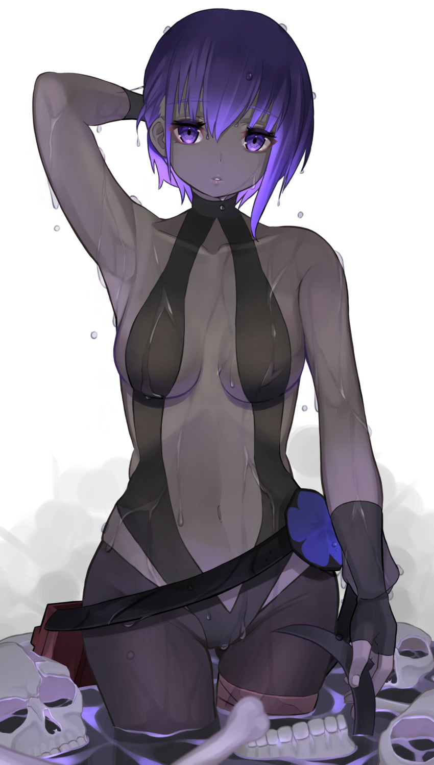 1girl, absurdres, arm_up, armpits, black_leotard, blue_flower, bone, breasts, center_opening, cowboy_shot, dark-skinned_female, dark_skin, fate/grand_order, fate_(series), fingerless_gloves, flower, gloves, haku_u_0818, hassan_of_serenity_(fate), highres, leotard, looking_at_viewer, medium_breasts, purple_hair, short_hair, skull, solo, standing, violet_eyes, wet