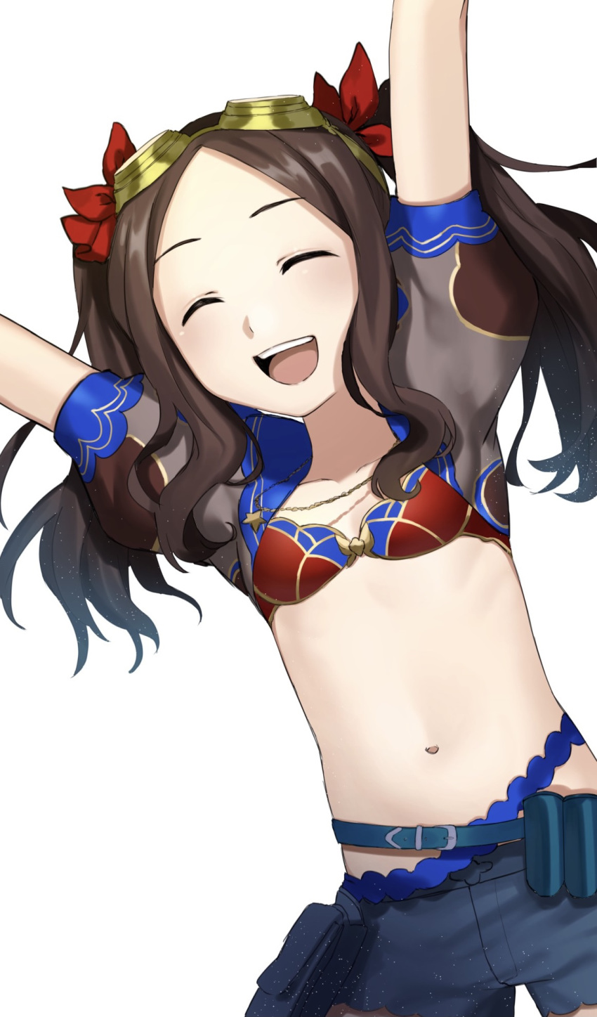 1girl, ameman, arms_up, bangs, bikini, bikini_top, blue_shorts, blush, breasts, brown_hair, closed_eyes, collarbone, fate/grand_order, fate_(series), forehead, goggles, hair_ribbon, highres, jewelry, leonardo_da_vinci_(fate), leonardo_da_vinci_(swimsuit_ruler)_(fate), long_hair, necklace, open_mouth, parted_bangs, puffy_short_sleeves, puffy_sleeves, red_bikini, red_ribbon, ribbon, short_shorts, short_sleeves, shorts, shrug_(clothing), sidelocks, small_breasts, smile, solo, swimsuit, thighs, twintails