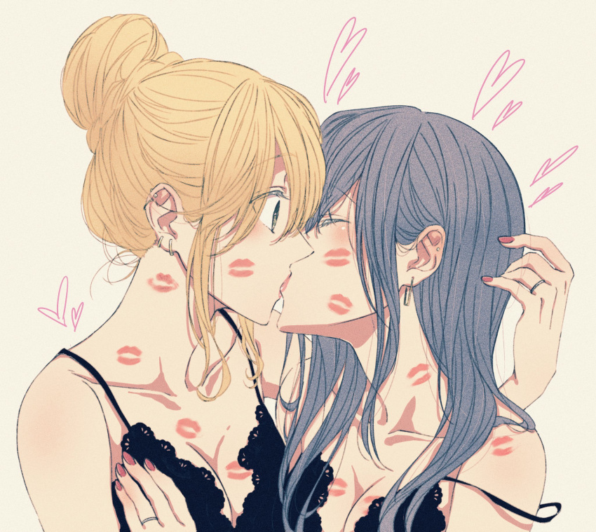 2girls, aihara_mei, aihara_yuzu, black_bra, black_hair, blonde_hair, blush, bra