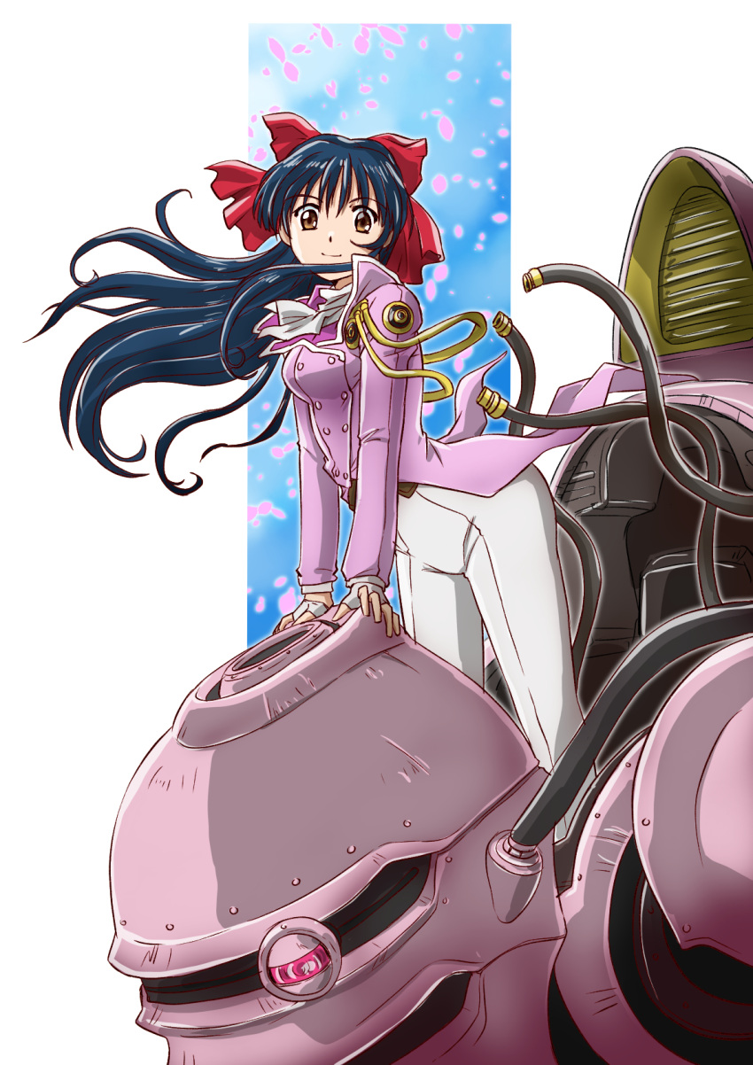 1girl, bangs, blue_hair, breasts, brown_eyes, cable, hair_ribbon, highres