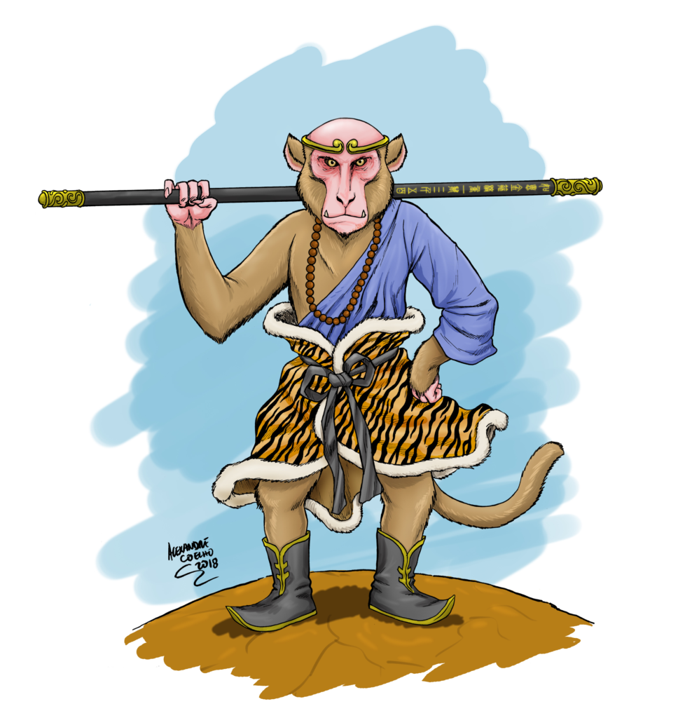 1boy, 2018, alexandre_coelho, animal, animal_print, artist_name, bald, bare_shoulders, bead_necklace, beads, black_footwear, black_ribbon, blue_robe, boots, circlet, commentary, english_commentary, fangs, fangs_out, full_body, fur, fur-trimmed_kilt, hand_on_hip, holding, holding_staff, holding_weapon, jewelry, journey_to_the_west, kilt, looking_at_viewer, monkey, necklace, no_humans, over_shoulder, realistic, revision, ribbon, ruyi_jingu_bang, shadow, signature, simple_background, smile, solo, staff, standing, sun_wukong, tiger_print, tiger_skin, weapon, weapon_over_shoulder, yellow_eyes