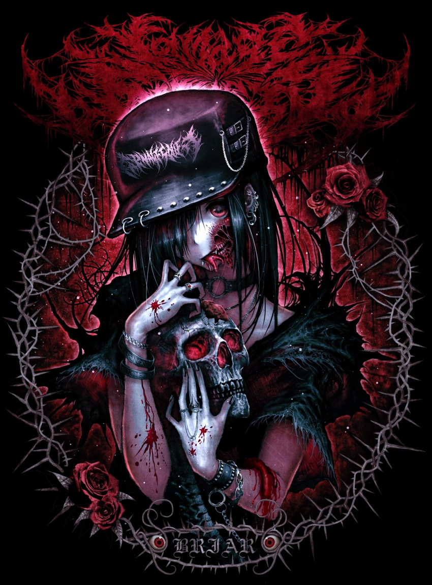 1girl, black_hair, black_nails, blood, blood_on_arm, blood_on_hands, bracelet, chain, choker, earrings, eyeball, flower, guro, hair_over_one_eye, hat, hat_ring, highres, holding, holding_skull, jewelry, long_hair, multiple_earrings, multiple_rings, necklace, organs, original, red_eyes, red_theme, ring, rose, skull, solo, spine, teeth, thorns, yu-ki_iwata