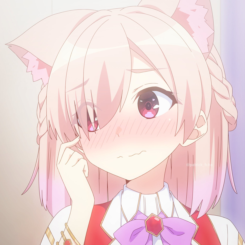 1girl, animal_ear_fluff, animal_ears, blush, bow, bowtie, braid, cat_ears