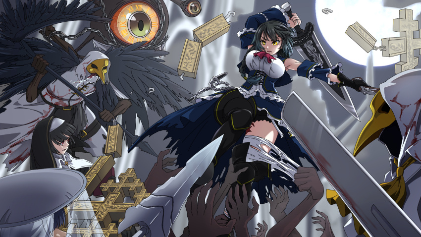 2girls, antique_firearm, aradia_(night_of_revenge), black_hair, breasts, corset, detached_sleeves, firelock