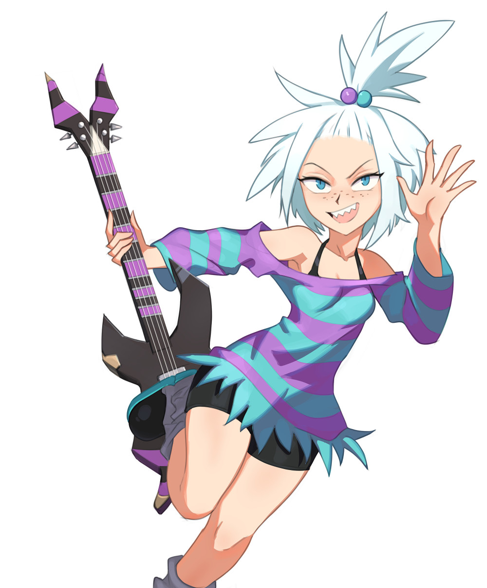 armpits, barleyshake, bass_guitar, bike_shorts, blue_eyes, boots, bra_strap, commission