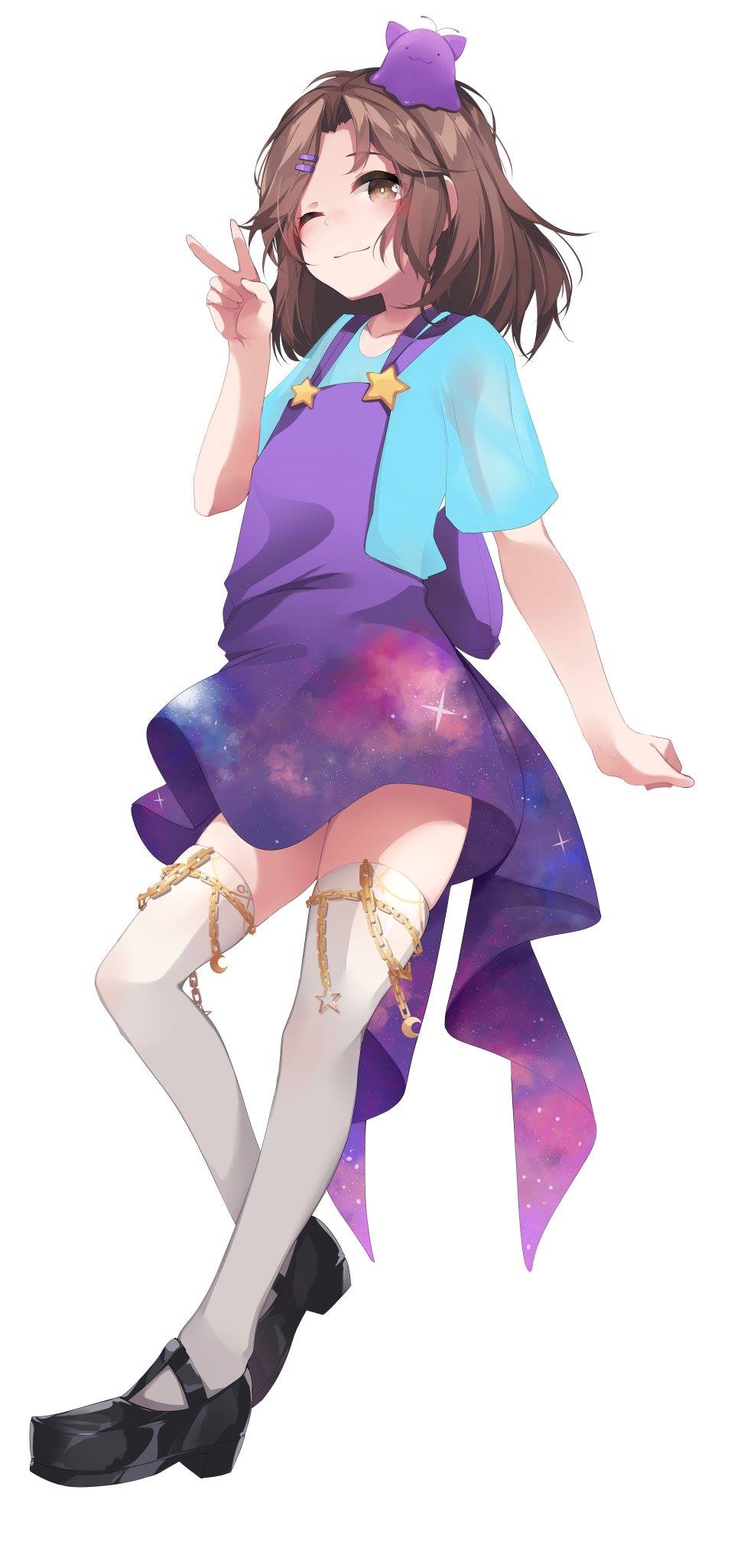 1girl, blob, brown_eyes, brown_hair, centi_(nimu), dress, hair_ornament, hairclip