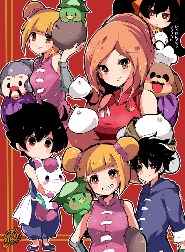 animal_nose, ashley_(warioware), blonde_hair, blush_stickers, bright_pupils, check_character, chef_hat, chibi, cicada_(warioware), commentary_request, dress, dumpling, food, food-themed_hair_ornament, hair_ornament, hat, herunia_kokuoji, kappa, long_hair, master_mantis, orange_eyes, orange_hair, orange_hair_ornament, red_eyes, short_hair, signature, sleeveless, sleeveless_dress, translation_request, twintails, warioware, white_pupils, young_cricket