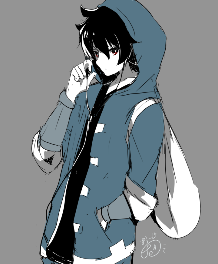 1boy, black_hair, bright_pupils, collarbone, commentary_request, earphones, earphones, grey_background