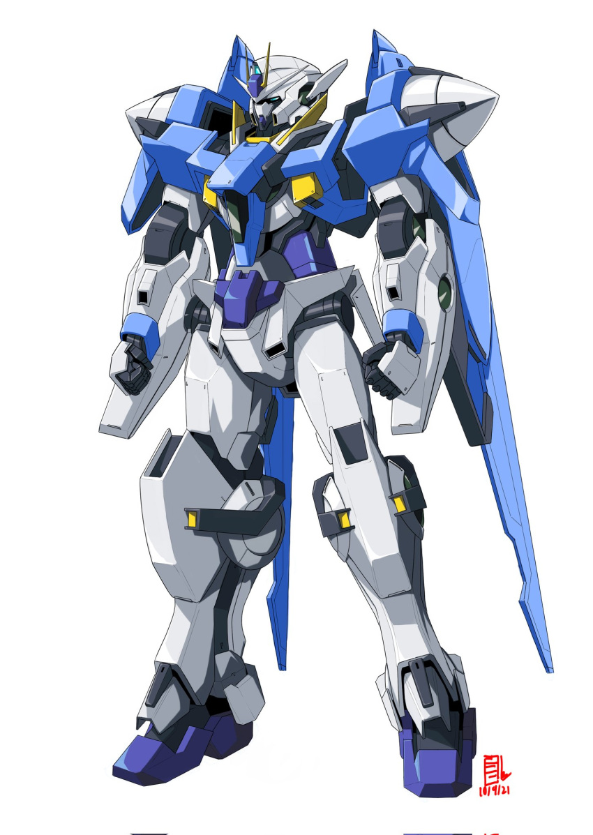 blue_eyes, dated, english_text, gn_drive, gundam, gundam_00, highres, mecha, mobile_suit, no_humans, original, pravin_rao_santheran, science_fiction, solo, standing, v-fin, white_background
