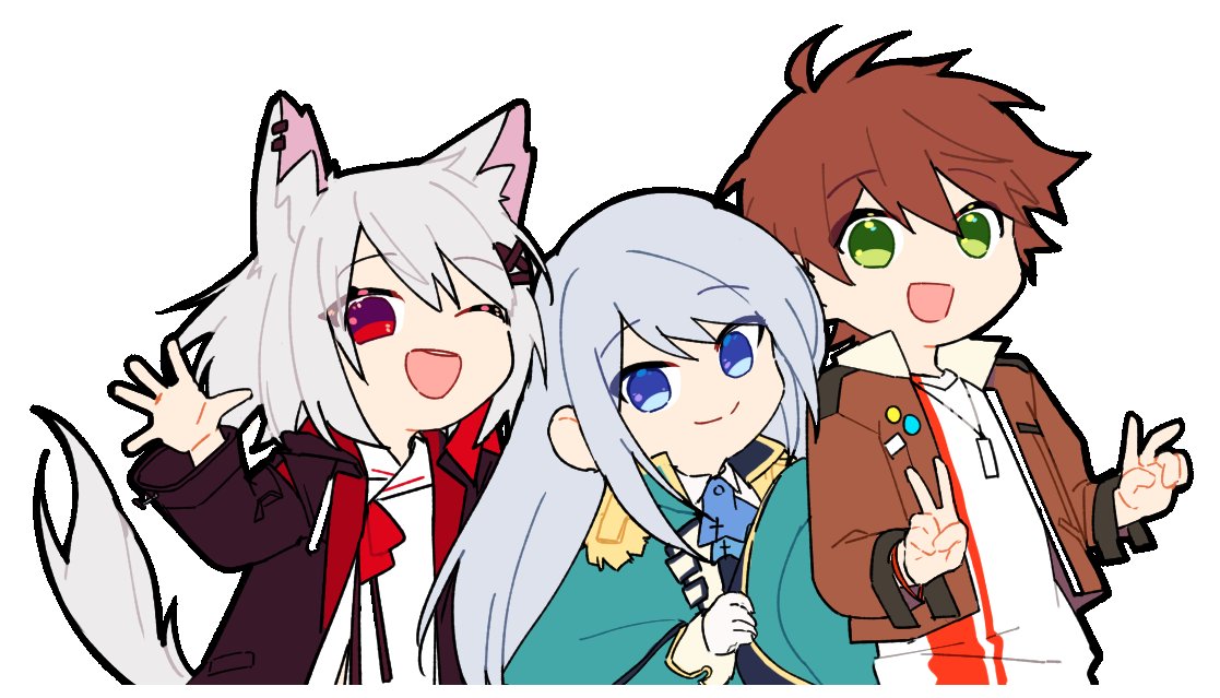 1boy, 2girls, animal_ears, ban_hada, blue_eyes, blue_jacket, brown_hair, brown_jacket, chibi, double_v, eyebrows_visible_through_hair, fox_ears, fox_girl, fox_tail, green_eyes, hair_behind_ear, head_tilt, jacket, jewelry, korean_commentary, lee_siu, min_suha, multiple_girls, necklace, nijisanji, nijisanji_kr, one_eye_closed, red_eyes, red_jacket, shirt, short_hair, silver_hair, smile, tail, tet, v, virtual_youtuber, waving, white_hair, white_shirt
