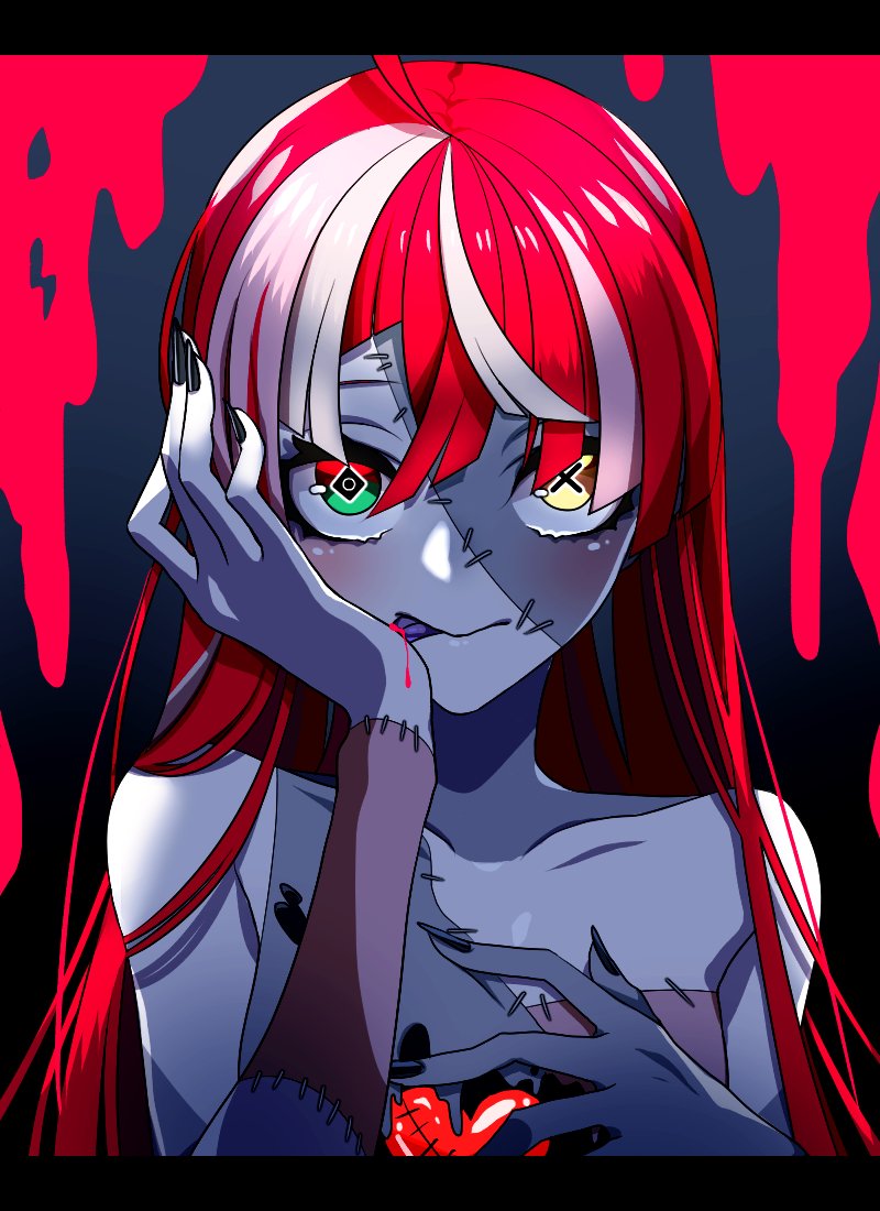 1girl, ahoge, alternate_hairstyle, bangs, black_nails, collarbone, colored_skin, grey_hair, grey_skin, grey_tongue, hand_on_own_chest, heterochromia, hololive, hololive_indonesia, itsuki_keiichi, kureiji_ollie, licking, licking_hand, liquid_clothes, long_hair, multicolored_hair, patchwork_skin, pink_hair, portrait, red_eyes, redhead, smile, solo, stitched_face, streaked_hair, yellow_eyes, zombie