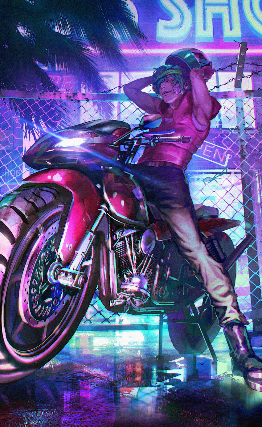 1boy, absurdres, aqua_hair, arms_up, bandages, boots, character_request, ground_vehicle