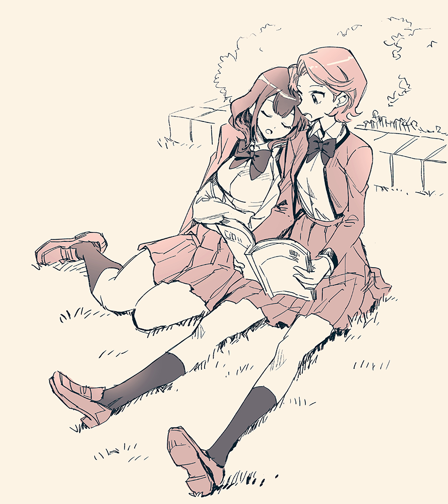 2girls, asa_(asa_410st), bangs, beige_background, blunt_bangs, book, bow, bowtie, bush, closed_eyes, collared_shirt, commentary, crossed_arms, grass, hanayagi_kaoruko, high-waist_skirt, holding, holding_book, isurugi_futaba, jacket, jacket_on_shoulders, kneehighs, leaning_on_person, loafers, looking_at_viewer, medium_hair, monochrome, multiple_girls, on_ground, open_book, open_clothes, open_jacket, open_mouth, outdoors, parted_bangs, pleated_skirt, school_uniform, seishou_music_academy_uniform, sepia, shirt, shirt_tucked_in, shoe_soles, shoes, short_hair, shoujo_kageki_revue_starlight, side-by-side, sitting, skirt, sleeping, sleeping_on_person, sleeping_upright, symbol-only_commentary, yokozuwari, yuri