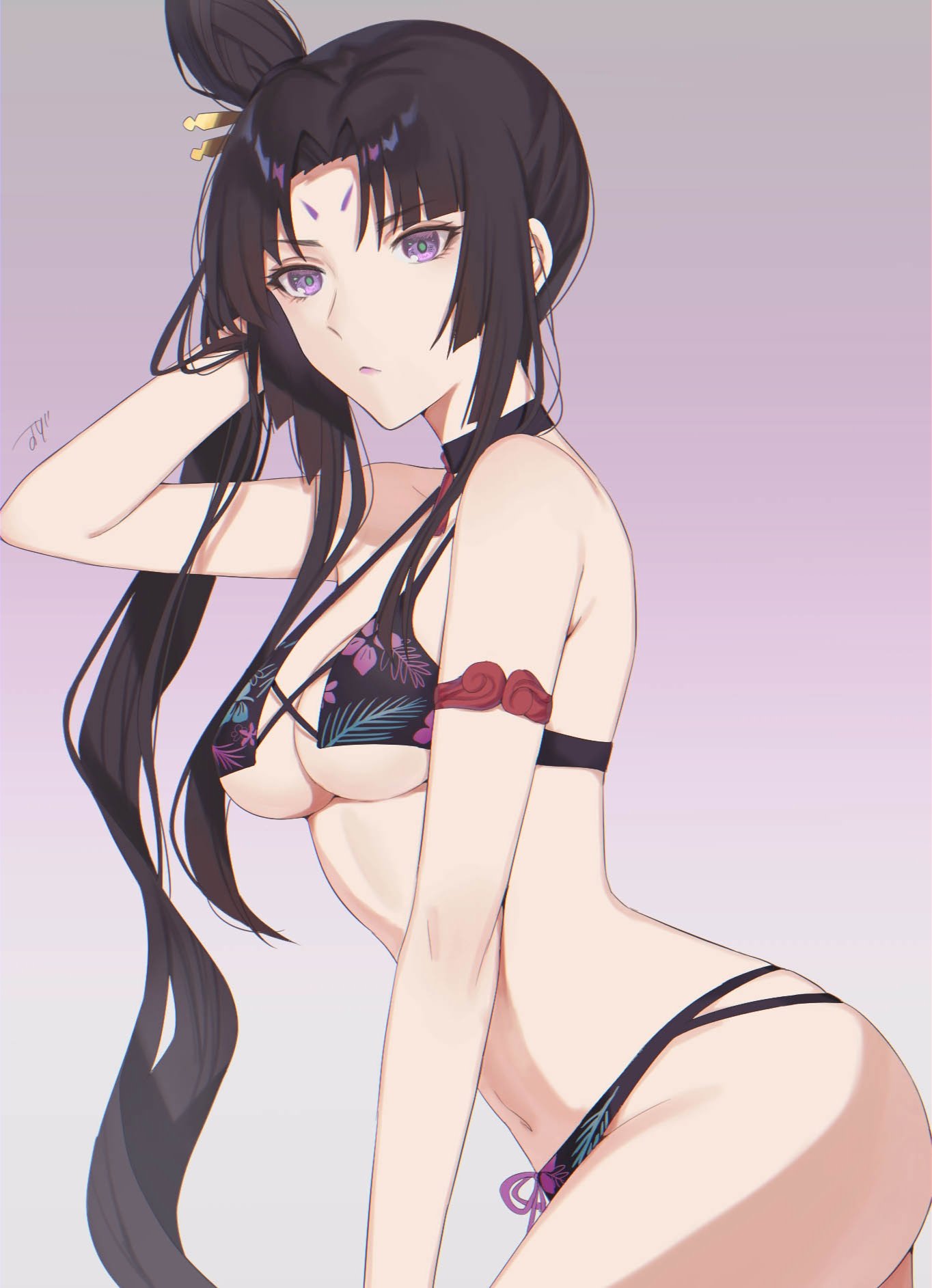 1girl, bikini, black_hair, breasts, fate/grand_order, fate_(series), gradient, gradient_background