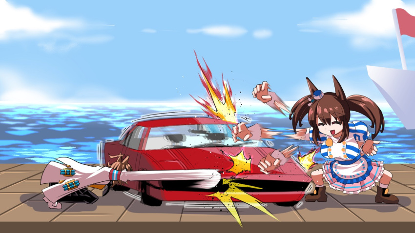 2girls, agnes_tachyon_(umamusume), ahoge, animal_ears, boat, breasts, brown_hair, car
