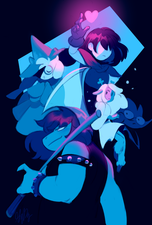 1other, 2boys, 2girls, animal_ears, antlers, axe, berdly_(deltarune), bracelet