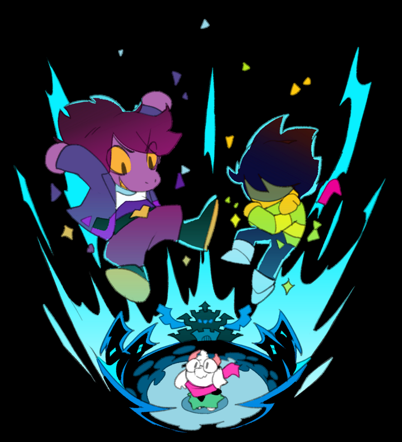 1boy, 1girl, 1other, brown_hair, chibi, cloak, colored_skin, deltarune, falling, glasses, goat_horns, heart_buckle, horns, jacket, kris_(deltarune), looking_up, purple_hair, purple_skin, ralsei, scarf, shirt, smile, striped, striped_shirt, susie_(deltarune), temmie_chang, transformation