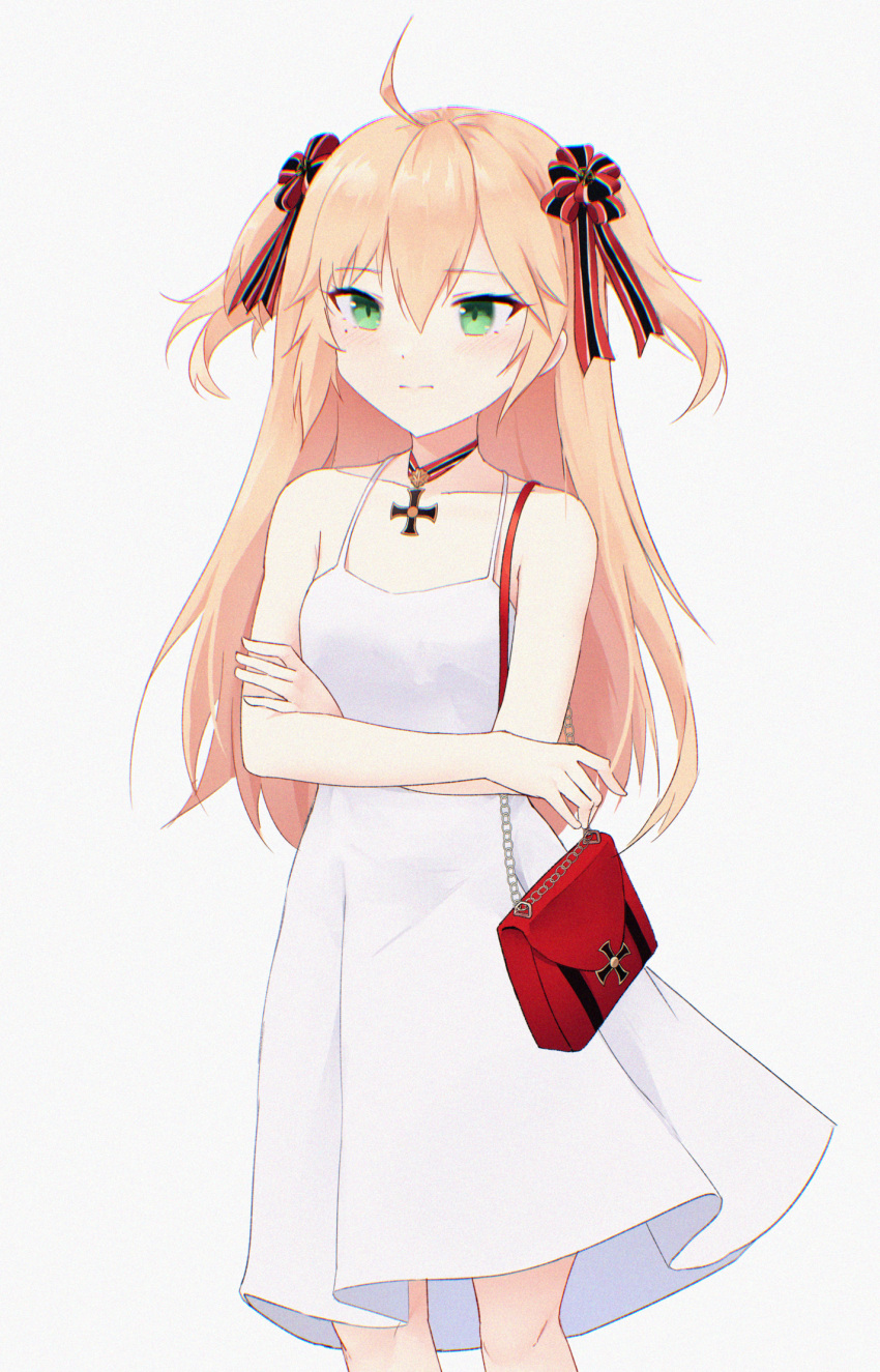 1girl, :|, admiral_hipper_(azur_lane), ahoge, alternate_costume, azur_lane, bag, bangs