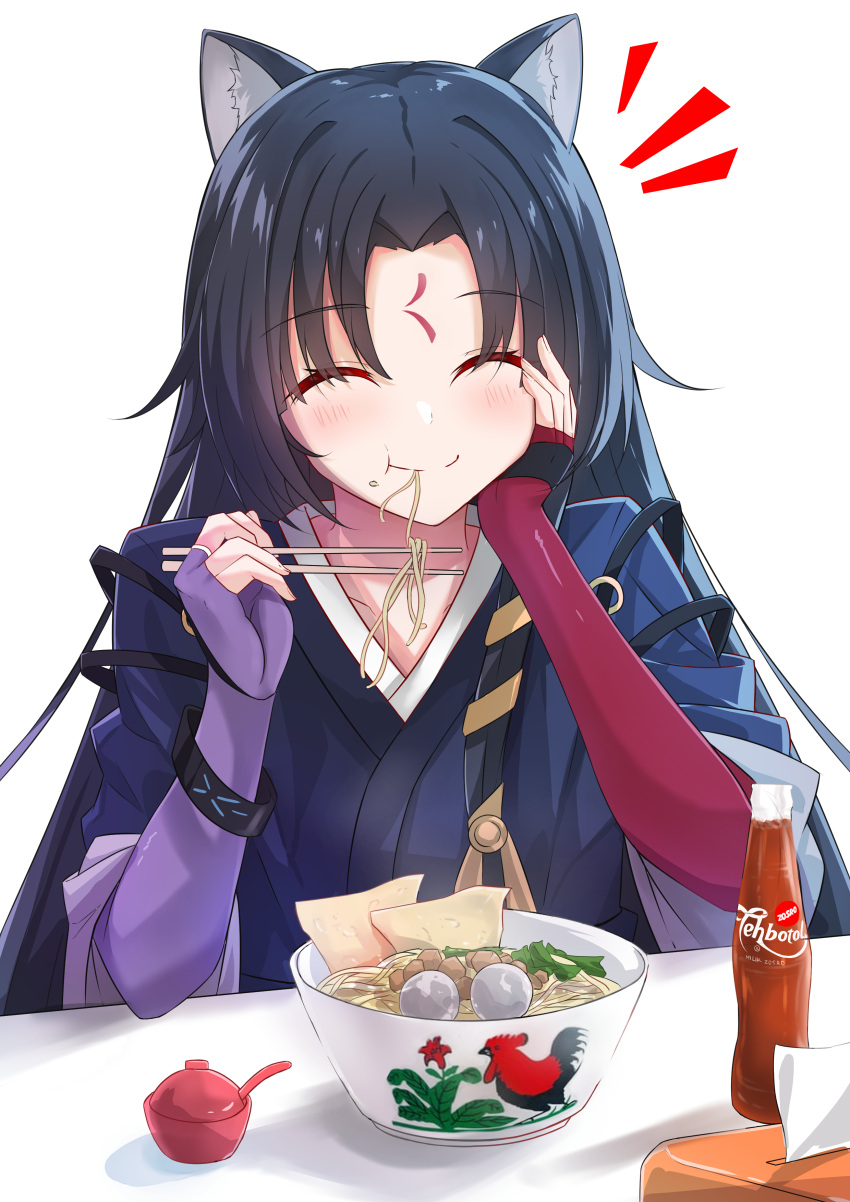 1girl, absurdres, animal_ears, arknights, black_hair, black_kimono, bottle, chopsticks, closed_eyes, dog_ears, dog_girl, eating, elbows_on_table, eyebrows_visible_through_hair, eyes_visible_through_hair, facial_mark, food, forehead_mark, gloves, hand_on_own_cheek, hand_on_own_face, highres, holding, holding_chopsticks, infection_monitor_(arknights), japanese_clothes, kimono, long_hair, noodles, purple_gloves, ransei48, saga_(arknights), smile, solo, tissue_box, white_background