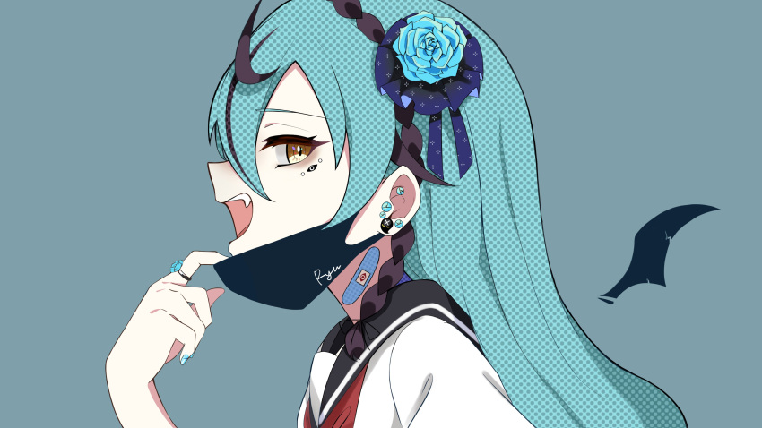 1girl, absurdres, alternate_costume, bandaid, bandaid_on_neck, black_hair, blue_background, blue_flower