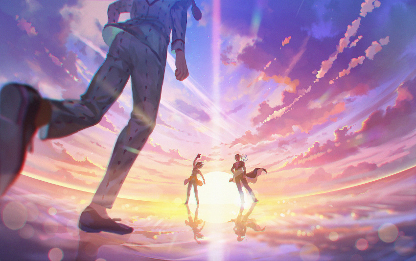 3boys, black_coat, black_hair, black_pants, bruno_buccellati, clouds, cloudy_sky, coat