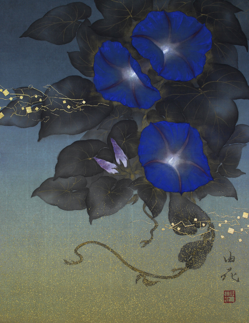 absurdres, artist_name, blue_background, blue_flower, commentary_request, flower, gradient, gradient_background, highres, leaf, morning_glory, nature, no_humans, original, purple_flower, still_life, taguchi_yuka, traditional_media, yellow_background